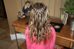 Back view of the Waterfall Braid Hairstyle with Spiral Curls