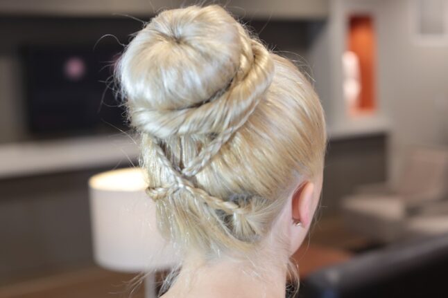 Back view of Cross Braid Sock Bun | Updo Hairstyles