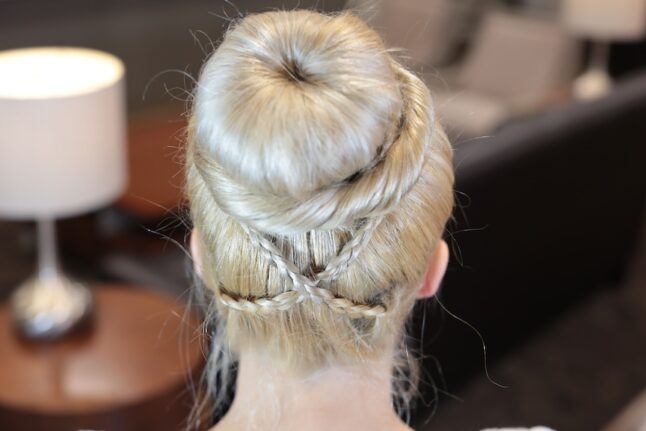 Back view of Cross Braid Sock Bun | Updo Hairstyles