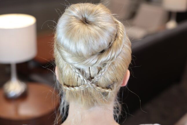 Back view of Cross Braid Sock Bun | Updo Hairstyles