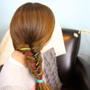 Side and back view of Yarn Fishtail Braid | Temporary Color Highlights | Cute Hairstyles