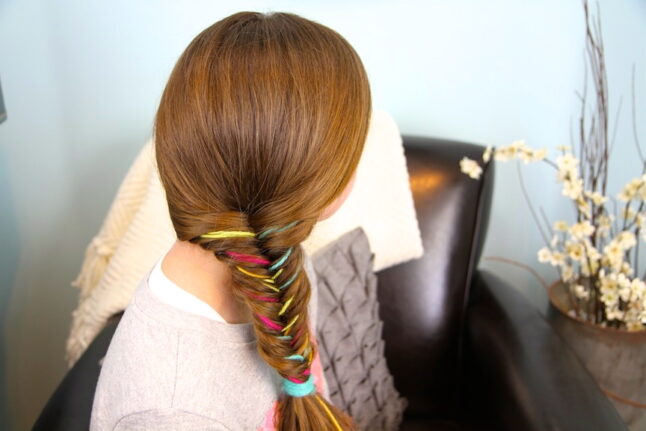 Side and back view of Yarn Fishtail Braid | Temporary Color Highlights | Cute Hairstyles