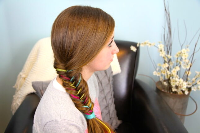 Side view of Yarn Fishtail Braid | Temporary Color Highlights | Cute Hairstyles