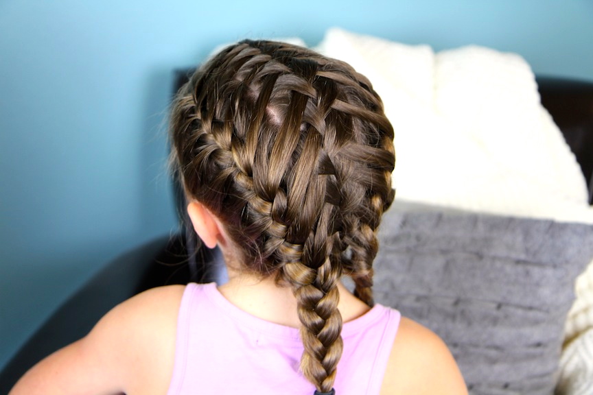 Back view of young girl modeling Waterfall Braids into Double Frenchbacks | Sport Hairstyles