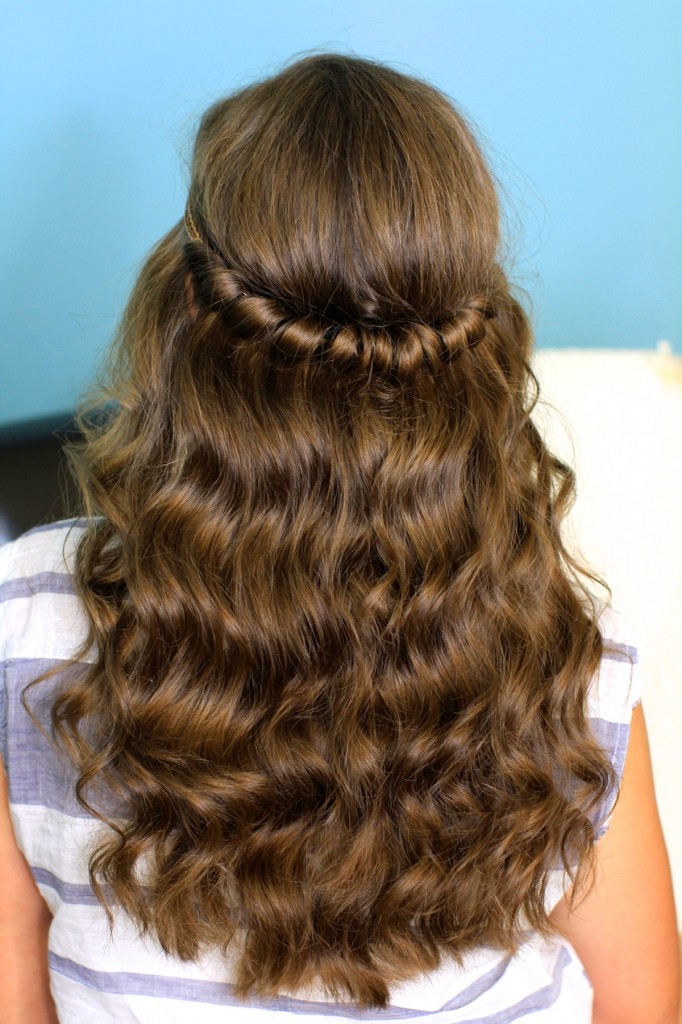 Back view of young girl indoors modeling Headband Twist | Half-Up Half Down Hairstyles