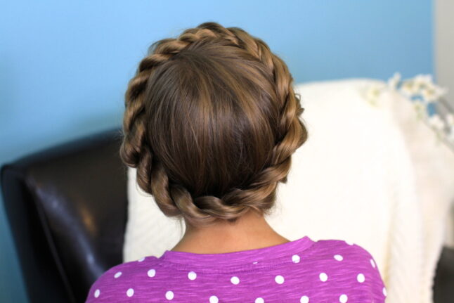 Back view young girl modeling Crown Rope Twist Braid | Updo Hairstyles