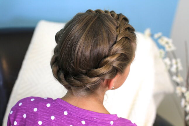 Back view young girl modeling Crown Rope Twist Braid | Updo Hairstyles