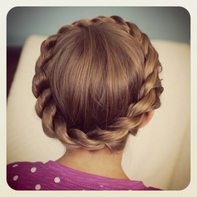 Back view young girl modeling Crown Rope Twist Braid | Updo Hairstyles