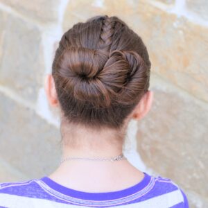 Young girl outside modeling Infinity Bun | Updo Hairstyles (Back)