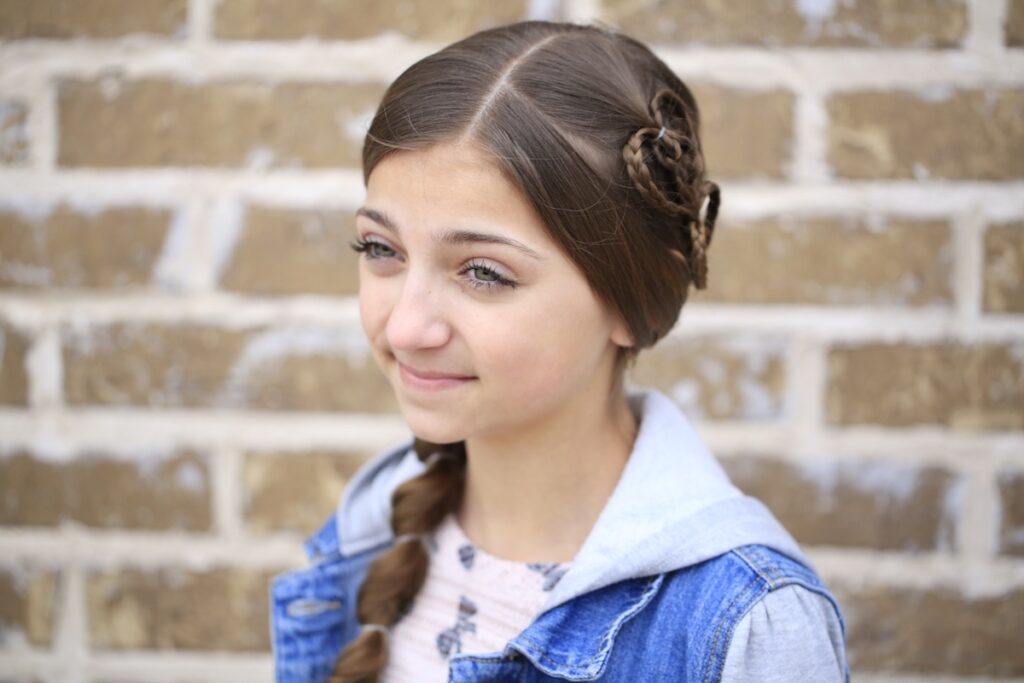 Little girl outside modeling Cute Heart Accents | Valentine's Day Hairstyles