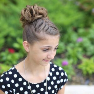 Young girl outside modeling Double-French Messy Bun Updo