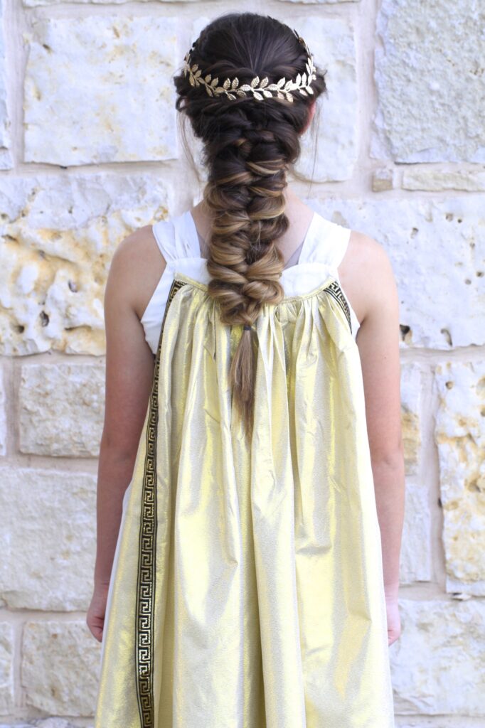 Young girls wearing Greek Goddess costume | Halloween Hairstyles (back)