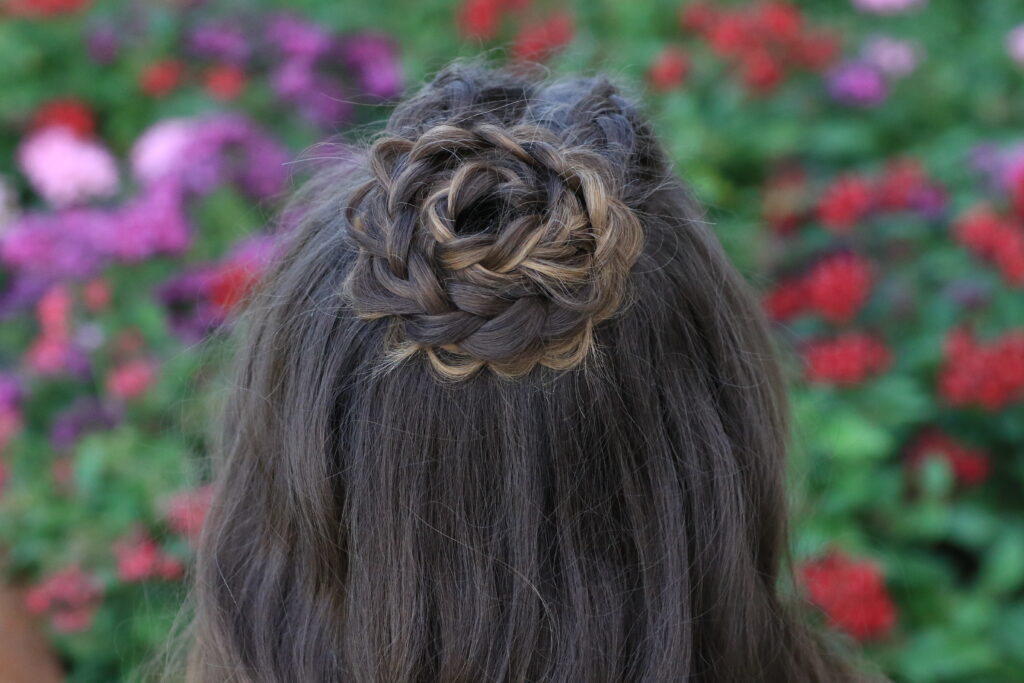 Young girl modeling Half-Up Rosette Combo | Homecoming Hairstyles (Back)