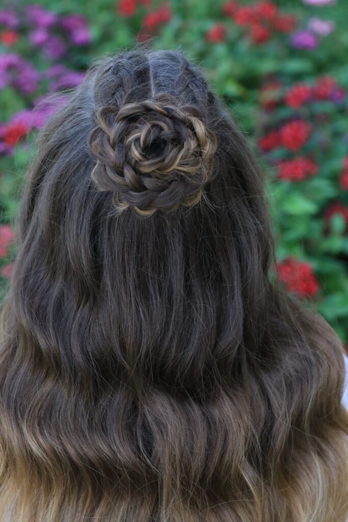 Young girl modeling Half-Up Rosette Combo | Homecoming Hairstyles (Back)