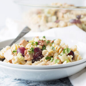 Grilled Chicken Pasta Salad that is simple to make and full of flavorful tender chicken, sweet grapes, crisp celery and pineapple!