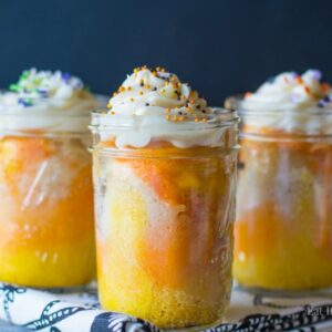 Tie-dye Candy Corn Cakes in a jar- so fun for Halloween!