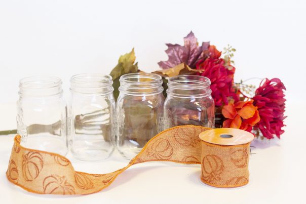 Mason Jars, Fall ribbon, and fall flowers