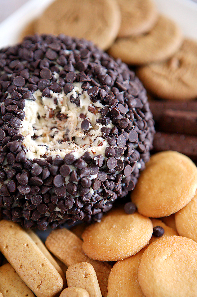 Chocolate Chip Cheese Ball surrounded by an assortment of cookies | Cheese Ball Recipes 