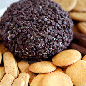 Chocolate Chip Cheese Ball surrounded by an assortment of cookies
