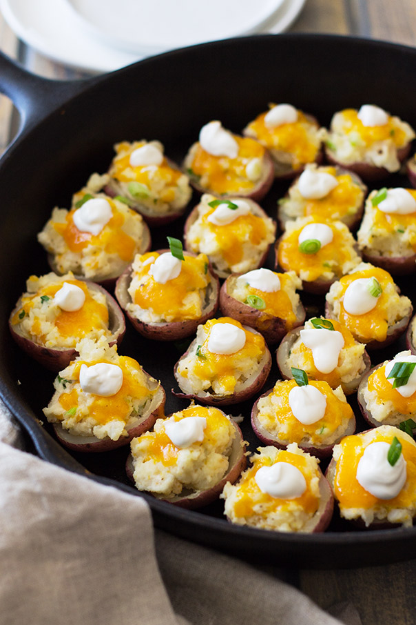 Twice Baked Potato Bites place inside a cast iron 