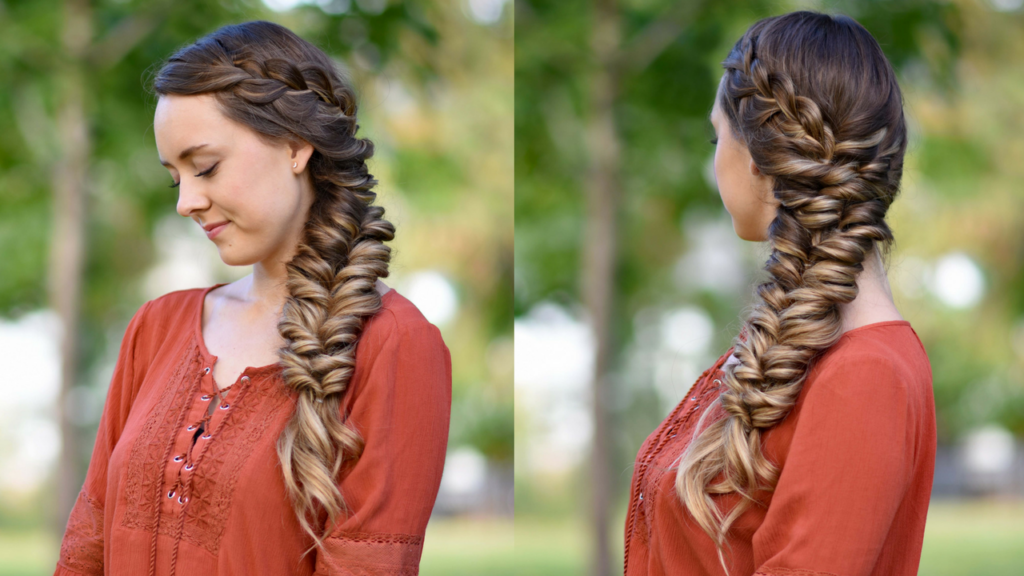 Side-by-Side of girl standing outside modeling "Side Elastic Braid" hairstyle | CGH 