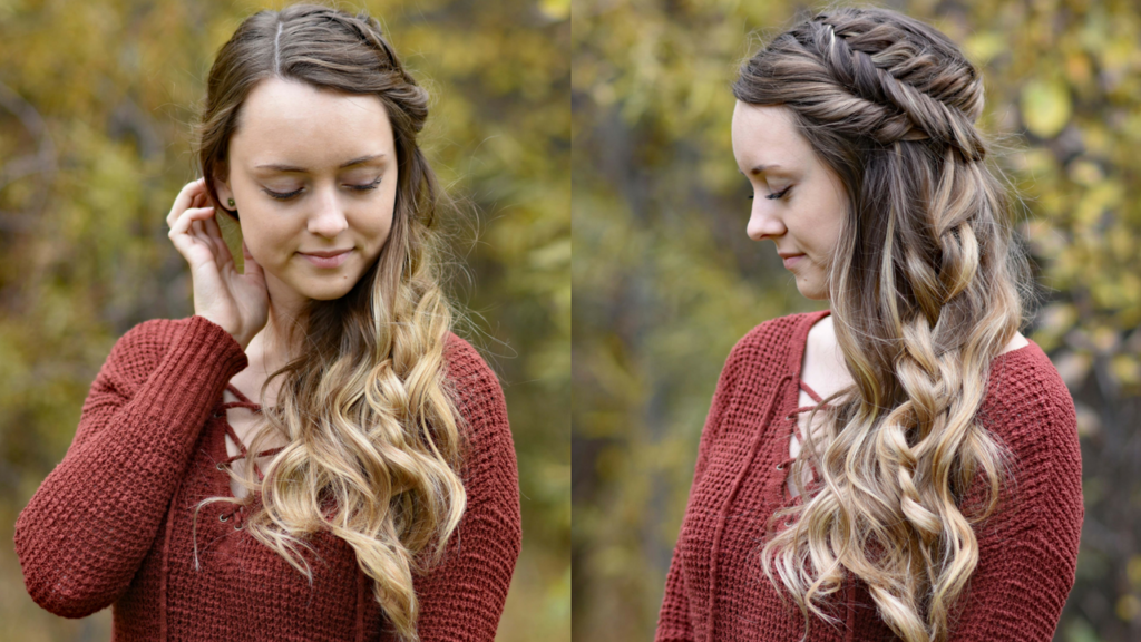 Side-by-side of girl modeling "Side Swept Fishtail" hairstyle