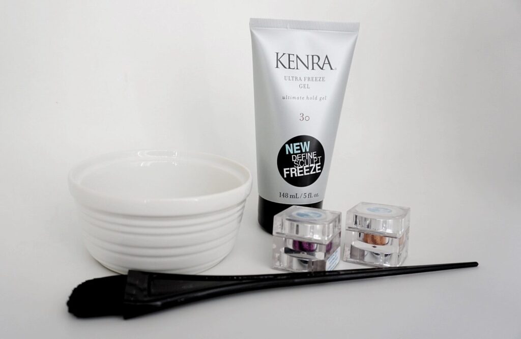 Kenra Ultra Freeze Gel and items to style hair next to a white bowl 
