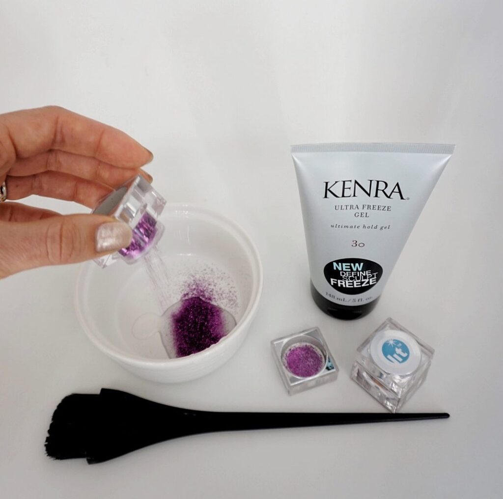 Woman adds Purple glitter to the white bowl filled with hair gel