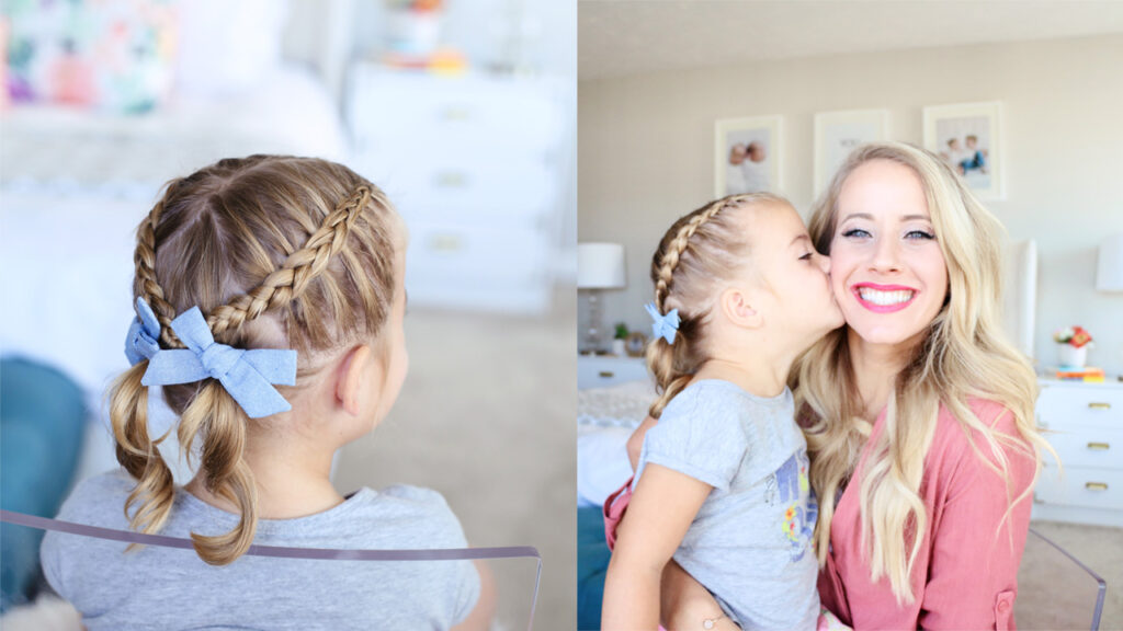 Side-by-side (Left) Little girl sitting in her room modeling "Criss Cross Pigtails" hairstyle (right) Daughter kisses her mom on the cheek while mom smiles 