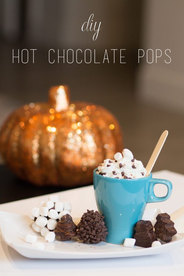 A blue coffee mug filled with hot cocoa and whipped cream with chocolate sprinkles surrounded by 'Hot Chocolate Pops'