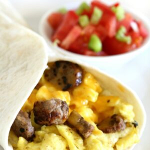 Eggs and sausage wrapped in a tortilla