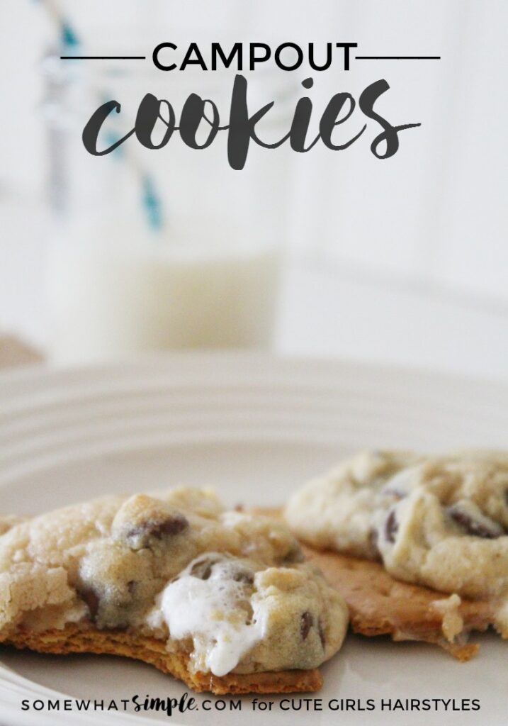 Campout Cookies laying on a white plate with one cookie bit