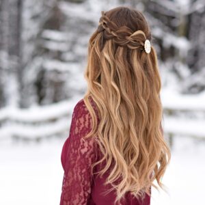 Back view of a girl wearing red shirt modeling "4 Strand Waterfall" hairstyle