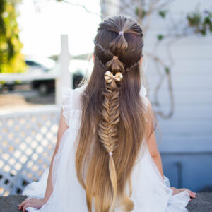 Back view a cute little girl with long hair standing outside modeling "Micro Bubble Braid" hairstyle