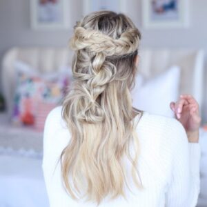 Woman standing in her room wearing a white shirt modeling "Mixed Braid Half Up" hairstyle