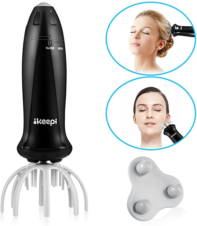 Ikeepi Scalp Massager, Vibration Head Massager for Stress Relaxation, Hair Stimulation, 2 Different Massage Heads- Massaging Face, Neck, Back &Legs