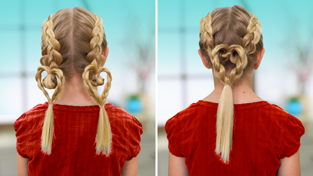 Side-by-side of the "Dutch Heart 2 in 1" hairstyle.