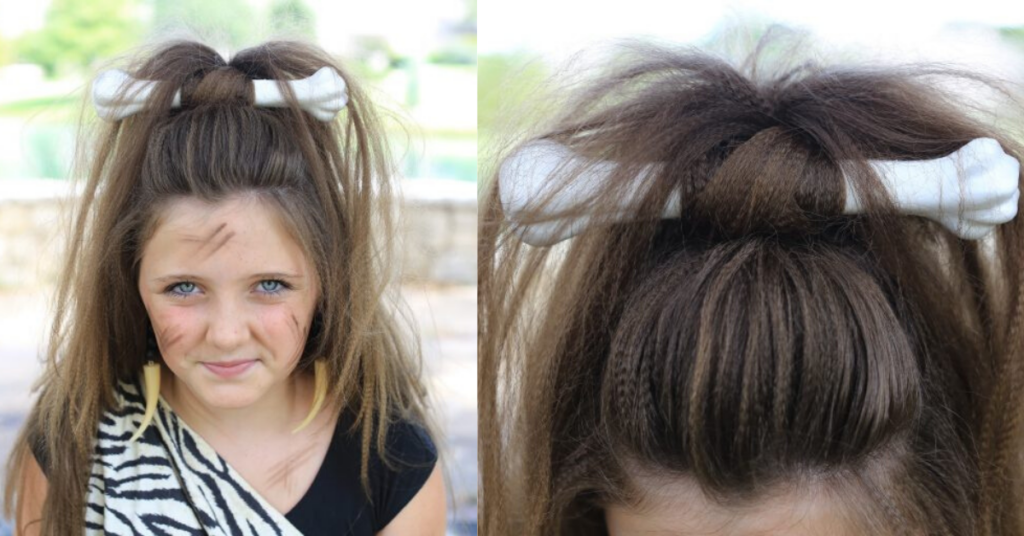 Side by side, (left) Portrait image of girl wearing cavewoman costume modeling "Cave Woman Half-Up" (Right) Up close view of "Cave Woman Half-Up" with a bone styled in.