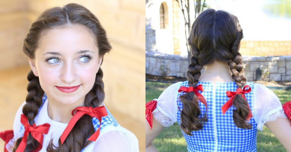 Side by side, (left) Portrait image of girl with red ribbon in her hair modeling "Dorothy Braids" (Right) Back view of girl wearing costume with red ribbon in her hair modeling "Dorothy Braids"