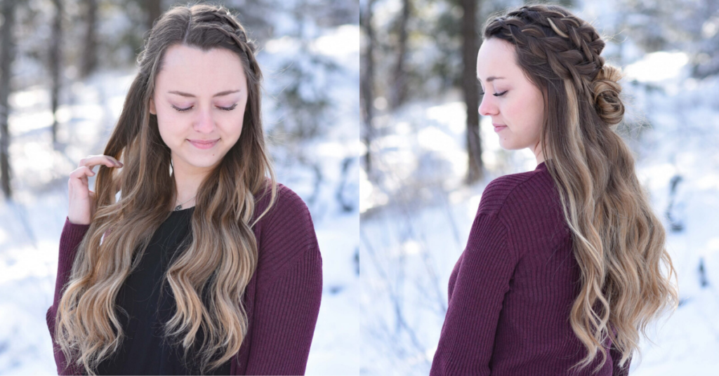 Side by side of girl looking down while standing outside in a snowy forest modeling the "Double Dutch Half-Up" hairstyle