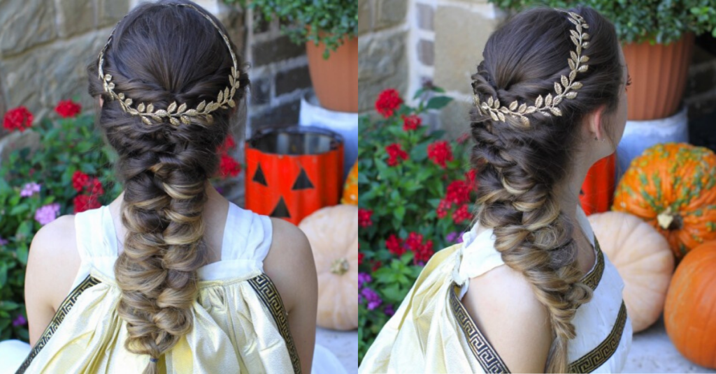 Side by side, (left) Back view of girl wearing a greek goddess costume modeling "Twist Faux Braid" (Right) side view of "Twist Faux Braid" hairstyle