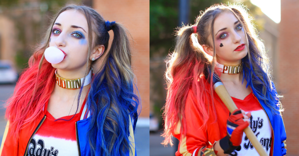 (Left) Girl standing outside and wearing 'Harley Quinn' costume blowing a bubble with her gum (Right) Girl standing outside posing and wearing 'Harley' Halloween costume. 