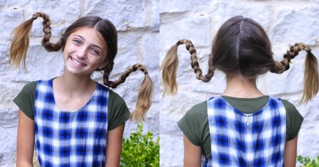 (Left) Girl standing outside with braided pigtails in a 'Pippi Longstocking' Halloween costume (Right) Back view of "Pippi Longstocking" hairstyle 