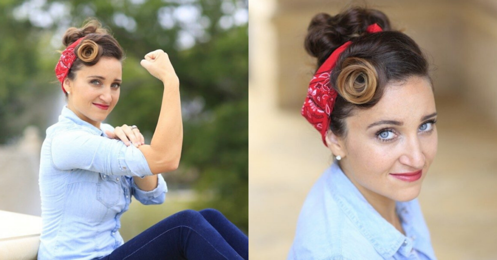 (Left) Woman sitting outside wearing a 'Rosie Riveter' costume and posing (Right) Top view of woman wearing blue shirt modeling "Rosie Riveter" hairstyle 