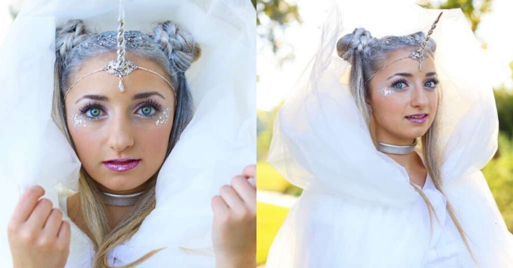 Side-by-side (Left) Girl in an all white and silver costume and modeling "Unicorn Half-Up" (Right) side view of girl in all white silver costume modeling "Unicorn Half-Up" 