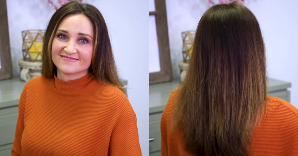 Side-by-side of woman smile at the camera (left) the back of a brunette woman's head (right)